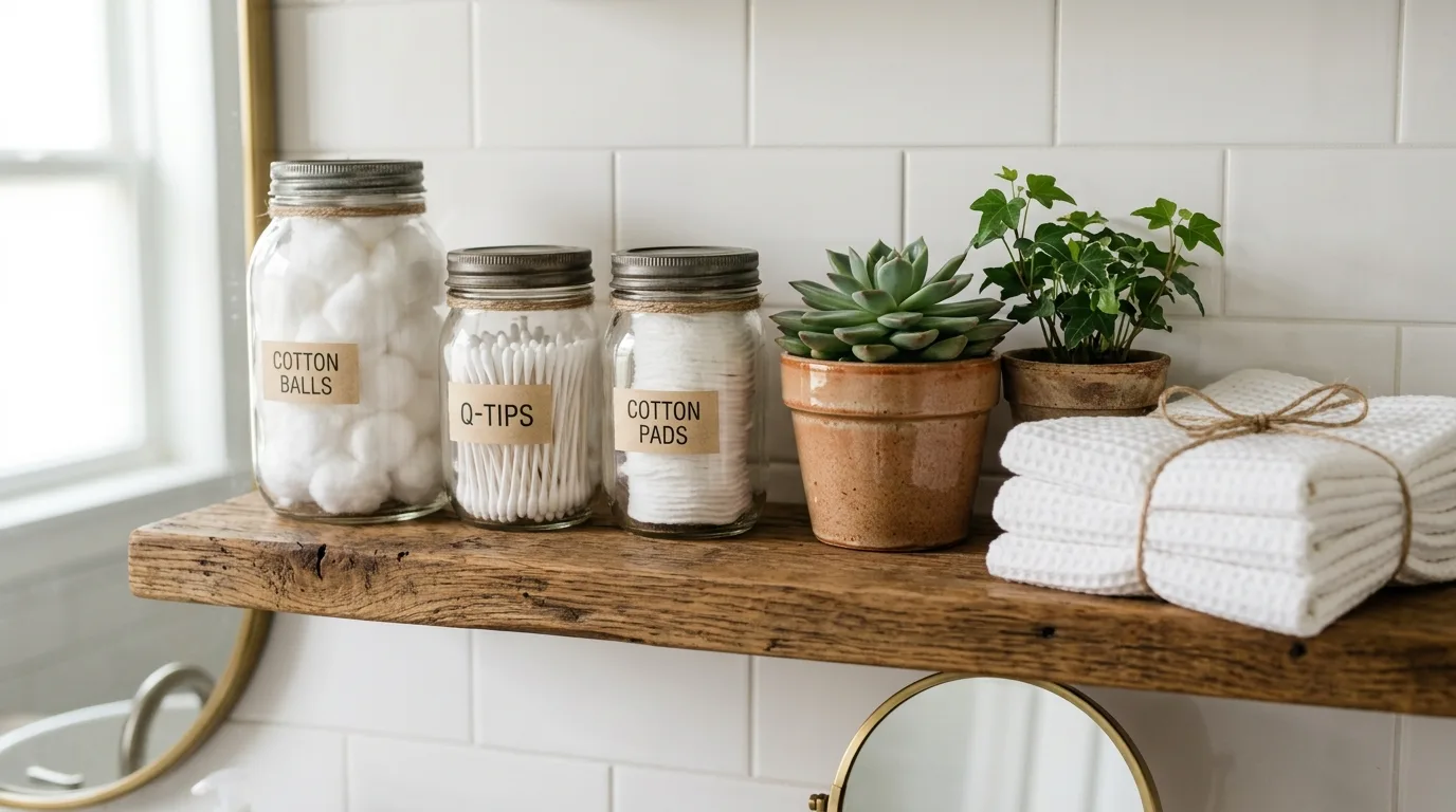 Warm the space with woven storage inspiration for a modern farmhouse bathroom.